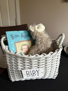 Wicker 'Baby' Storage Basket with Handles. Book and stuffed llama included
